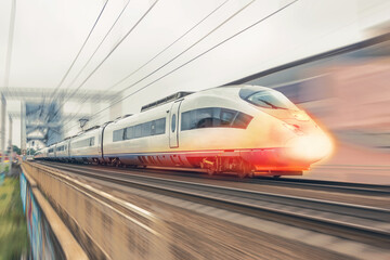 High-speed train rides supersonic with a hot burning nose front