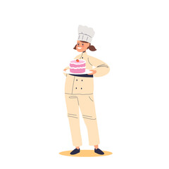 Kid confectioner. Small girl child in cook uniform and hat holding cake work as confectionary baker