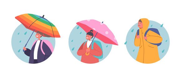 Happy Kids under Umbrella Isolated Round Icons. Little Boys and Girls Characters with Backpacks, School Children Avatars