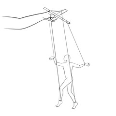 Puppet man and the hand that controls him one line drawing on white isolated background