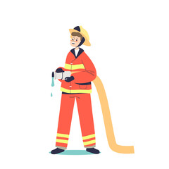 Kid fireman. Small boy child in red uniform holding water hydrant hose work as firefighter