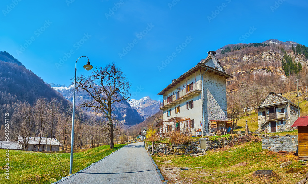 Wall mural panorama of alpine scenery from sonogno village, valle verzasca, switzerland