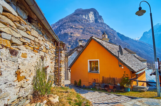 The Houses Against Lepontine Alps, Sonogno, Valle Verzasca, Switzerland