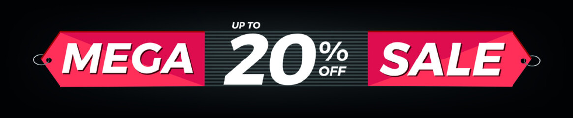 20% off. Horizontal black banner. Advertising for Mega Sale. Up to twenty percent discount for promotions and offers.