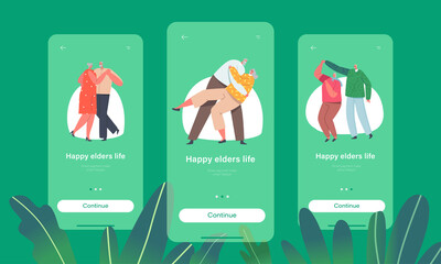 Happy Elders Life Mobile App Page Onboard Screen Template. Loving Senior Couples Dance, Romantic Relations Concept