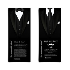 Vector business cards with elegant suit and tuxedo. Invitation flyer for the holiday - obrazy, fototapety, plakaty