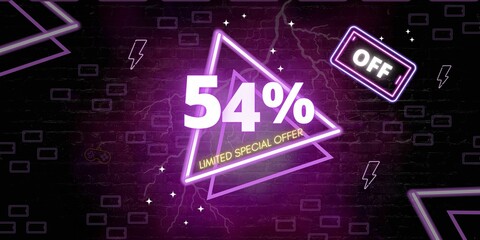 54% off limited special offer. Banner with fifty four percent discount on a black background with purple triangles neon