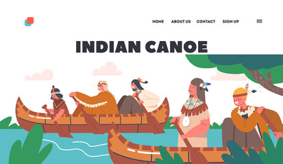 Indian Canoe Landing Page Template. Native American Children Canoeing Sparetime, Indigenous Kids Characters on Kayak
