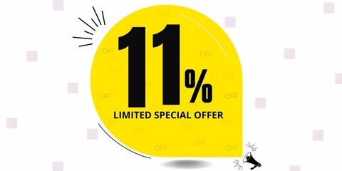 11% off limited special offer. Banner with eleven percent discount on a yellow round tag2