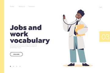 Job and work vocabulary landing page with kid doctor. Small boy child work as medical worker