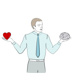 Man choosing between feeling and reason one line drawing on white isolated background. The decision maker weighs the heart and brain on their palms