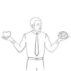 Man choosing between feeling and reason one line drawing on white isolated background. The decision maker weighs the heart and brain on their palms