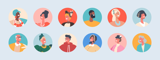 Set of People Avatars, Isolated Round Icons. Male and Female Characters with Different Culture and Ethnicity, Portraits