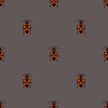 Seamless animal pattern with firebugs. Pyrrhocoris apterus. Red bugs with black spots on brown gray background.