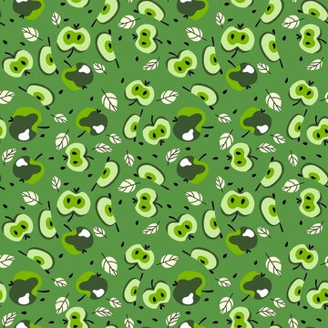Cartoon green apples orchard seamless pattern vector. Green monochrome fruit surface design with leaves. Hand-drawn apple fruit salad endless texture by greens, black and white