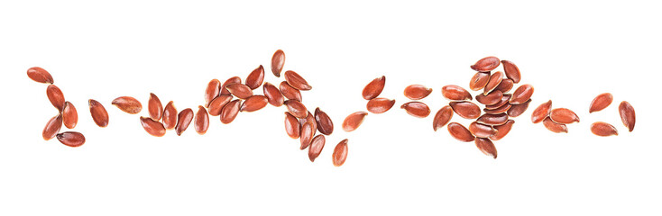 Brown flax seeds isolated on a white background, top view.