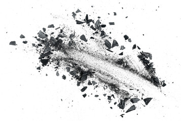 Black charcoal particles isolated on a white background, top view. Activated charcoal powder. Black dust powder charcoal.