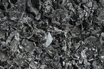 Pieces of burnt paper as background, top view.