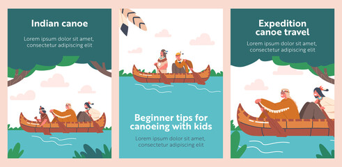 Banners with Native Indian American Children Swim on Canoe, Indigenous Kids Characters Wear Costumes Rowing on Boat