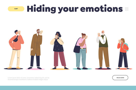 Hiding your emotions concept of landing page with group of unhappy sad people holding face mask