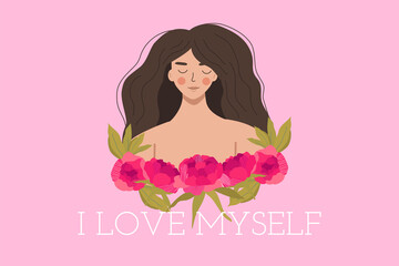 Mental health concept. A young woman smiles and hugs a bouquet of peony flowers, symbolizing mental health care. I love myself. flat vector illustration