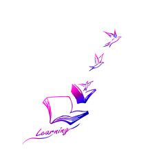 Obraz premium Old writing pen with flying birds and open book