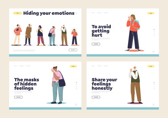 Hiding emotions and feelings concept of landing pages set with unhappy cartoons wear happy masks