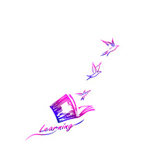 Old writing pen with flying birds and open book