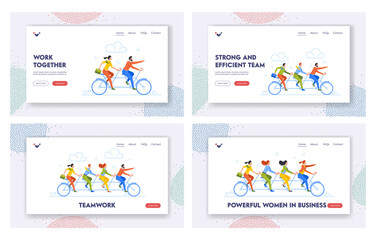 Business Team Riding Tandem Bicycle Landing Page Template Set. Men and Women Characters on Bike, Teamwork Cooperation