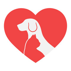 Illustration of a dog and a cat on the background of the heart