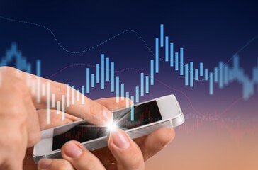 Business, finance and investment, forex trading, currency exchange, economic growth, stock market analysis concept. Man using mobile phone apps