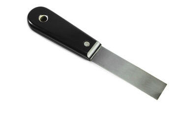 Rectangular bbq cleaning spatula with black handle isolated on white background.