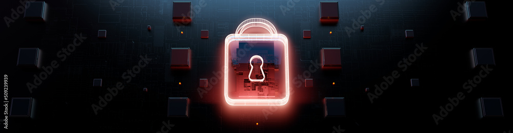 Poster Digital Lock Symbol. This image showcases a glowing digital lock symbol overlaid on a high-tech circuit board, representing cybersecurity and data protection in modern technology.