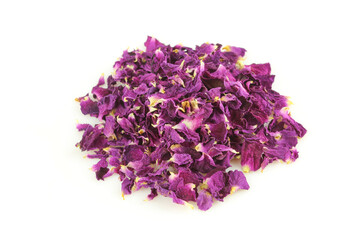 Pile of dry wild rose petals isolated on white background. Aromatic plant