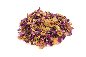 Pile of dry wild rose petals isolated on white background. Aromatic plant