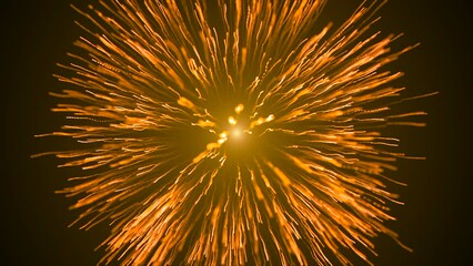 Realistic fireworks explosion on a black cosmic background. Motion. Star explosion with light rays spreading into all the sides.