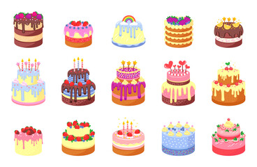 Cakes set. Birthday or wedding cakes with chocolate and fruits. Confectionary for holiday event