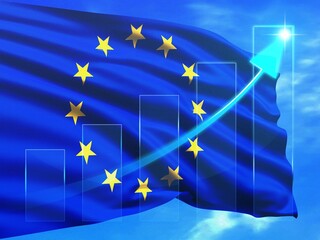 Growth chart against the background of the EU flag. Profit growth, infographics. Concept of trading and financial markets