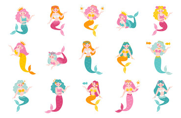 Set of cute cartoon mermaids. Childish fairy tale sea princesses with red and pink hair