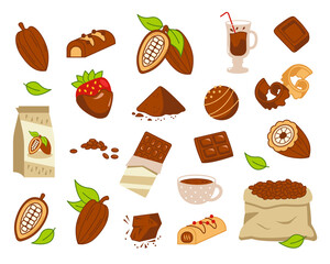 Chocolate and cocoa set. Choco sweet food from cocoa beans, powder, hot chocolate beverage in cup