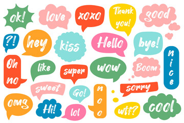 Comic speech bubbles set with chat phrases, funny text. Stickers patches for messaging in mobile app