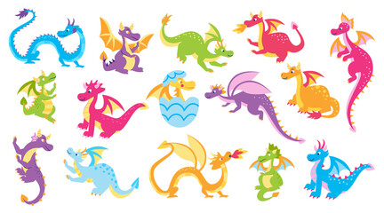 Naklejka premium Fairy dragons set. Funny fairytale dragon, cute lizard with wings and baby fire breathing serpent