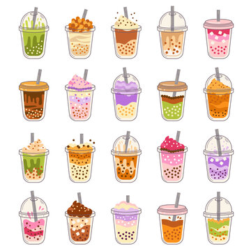 Ice bubble tea. Set of plastic cups with caps and straw with iced tea or summer drink cocktail