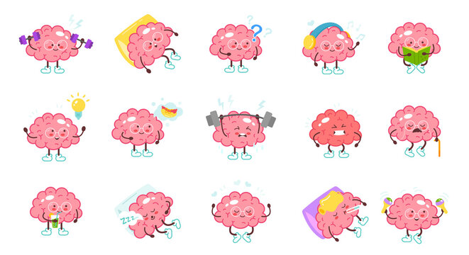 Cartoon pink brain mascots set. Cute childish brain with different facial expression emotions emoji