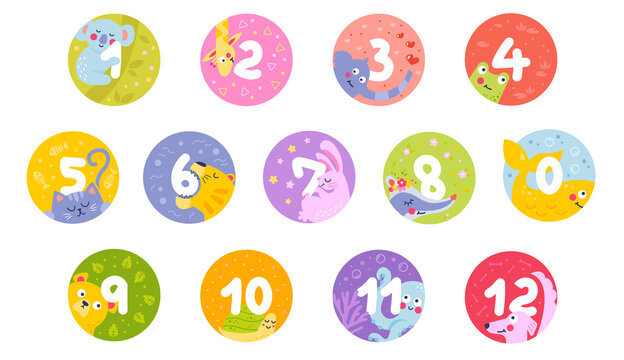 Number cards with animals for kids learning and education. Colorful stickers for preschool children