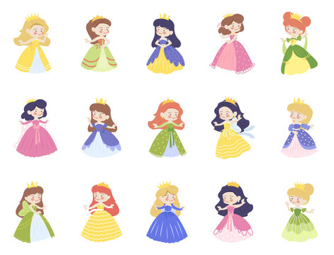 Set of cute childish princesses in colorful dresses wearing tiara. Fairy tale queens