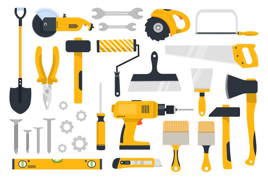 Work tools icons set, construction, carpentry woodwork and masonry instrument