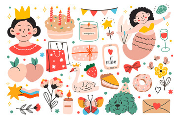Girl birthday party doodle stickers set. Kids happy birthday design elements badges and patches set