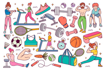 Set of sport fitness icons doodle with equipment, ball, bottle, clothes and gym elements