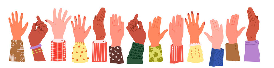 Different multiracial hands waving and greeting. Set of arm palms of diverse people group